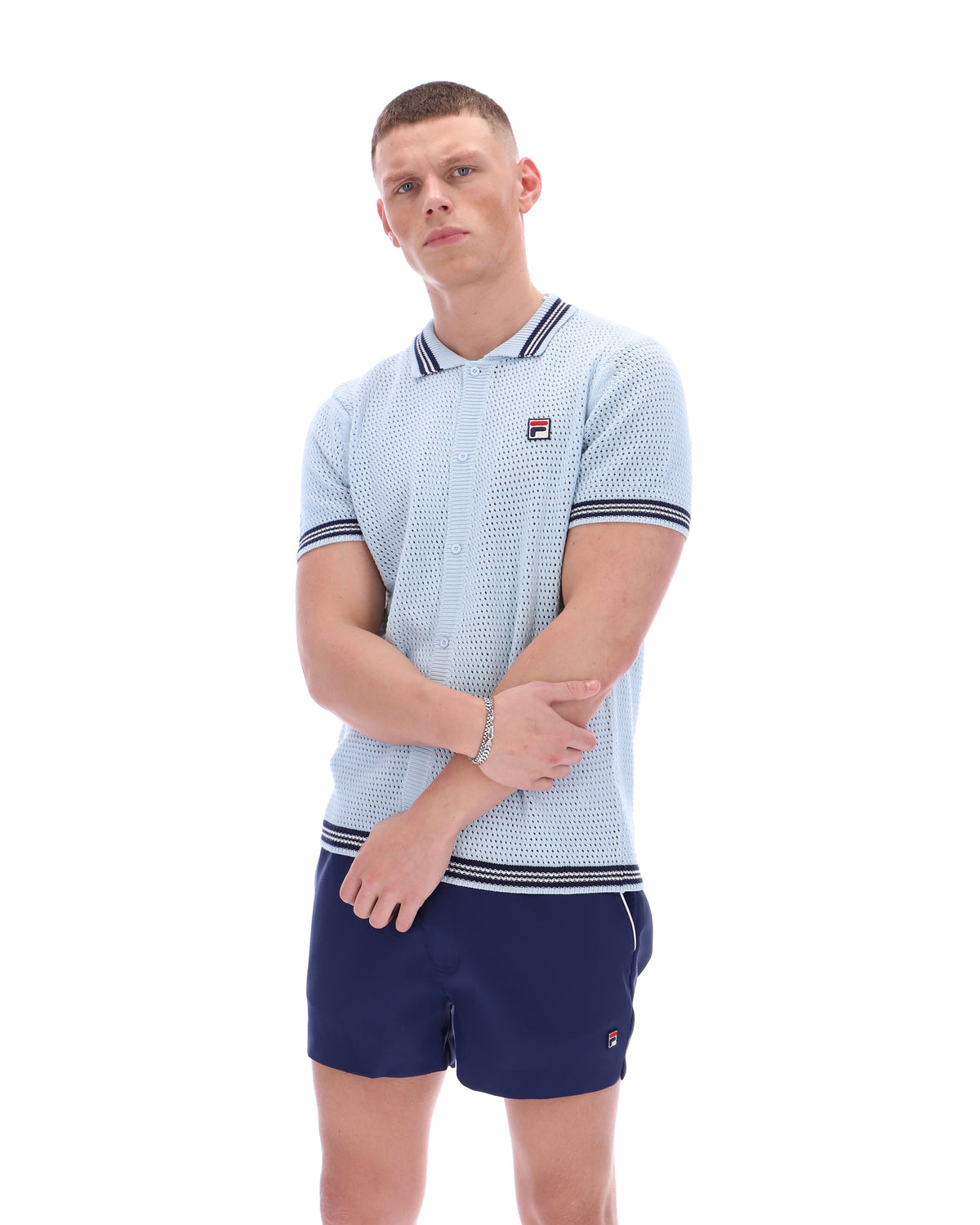Skyway Domenico Crochet Knitted Shirt with Contrast Tipping - Baby Blue