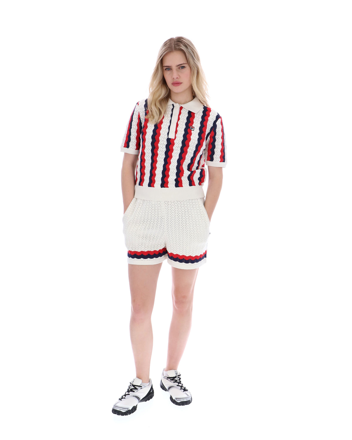Porto Knitted Crochet Stripe Polo - Gardenia
