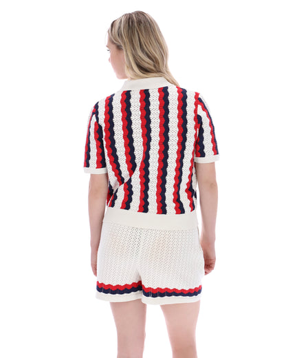 Porto Knitted Crochet Stripe Polo - Gardenia