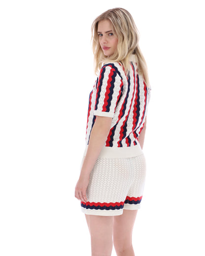 Porto Knitted Crochet Stripe Polo - Gardenia