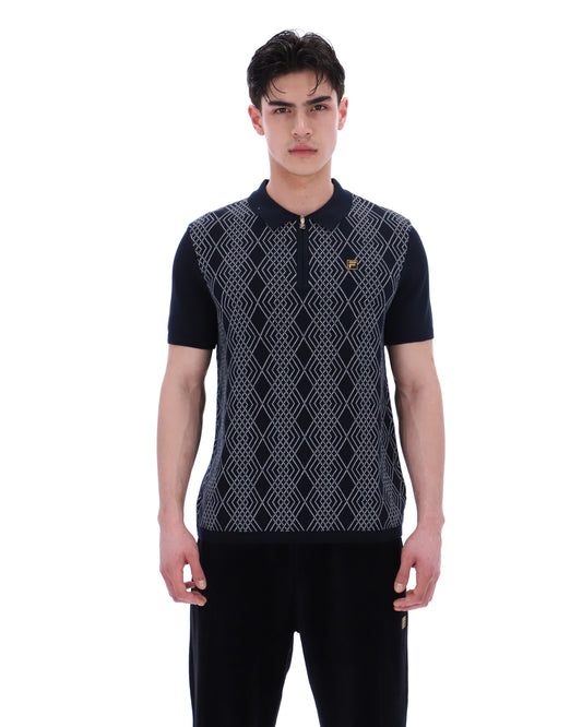 Black Castello Jacquard Knitted Polo with Zip - Black