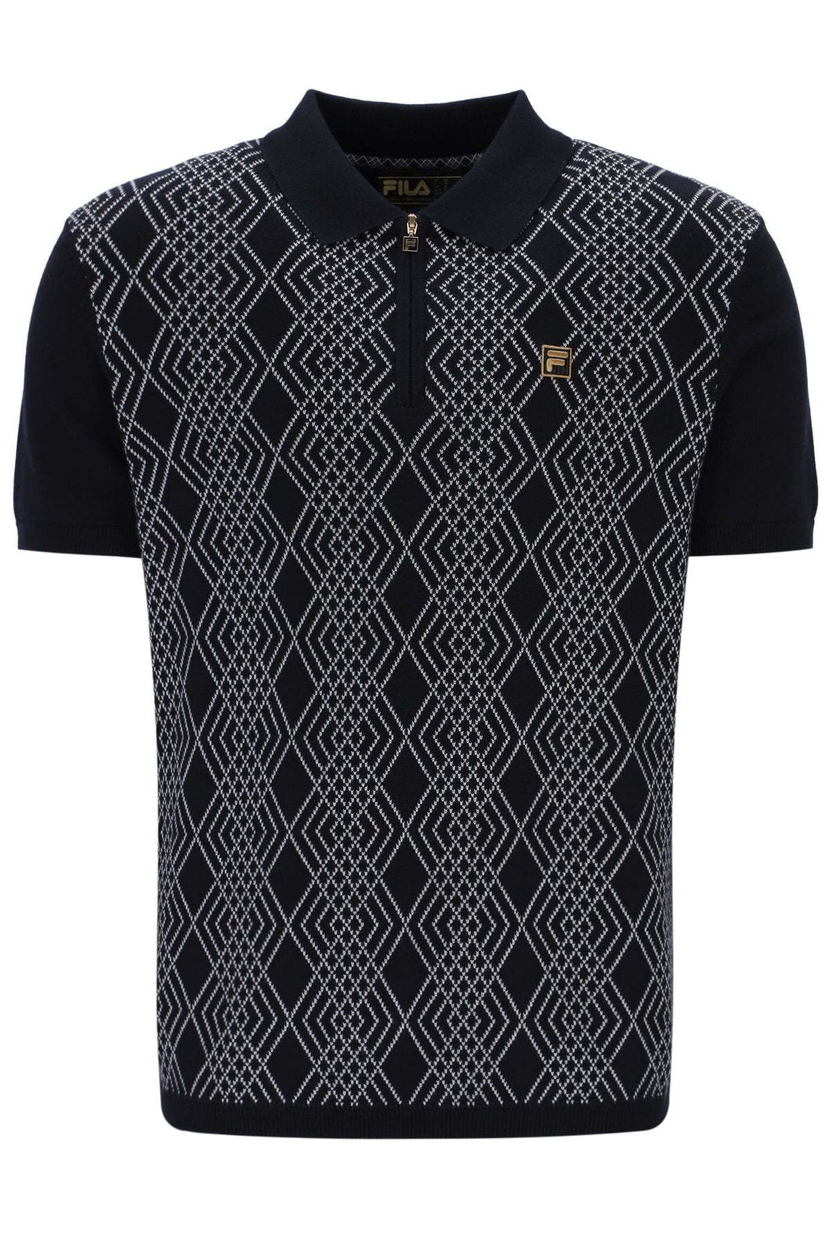Black Castello Jacquard Knitted Polo with Zip - Black