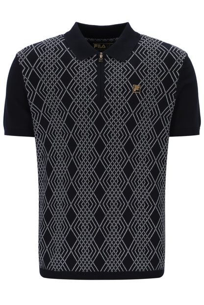 Black Castello Jacquard Knitted Polo with Zip - Black