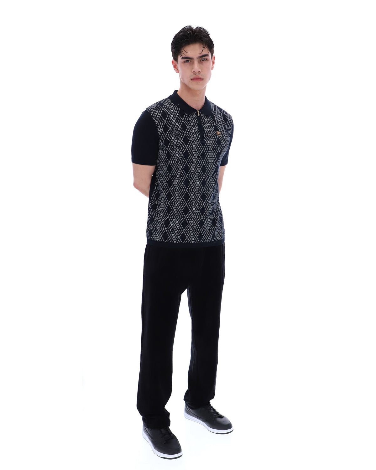 Black Castello Jacquard Knitted Polo with Zip - Black