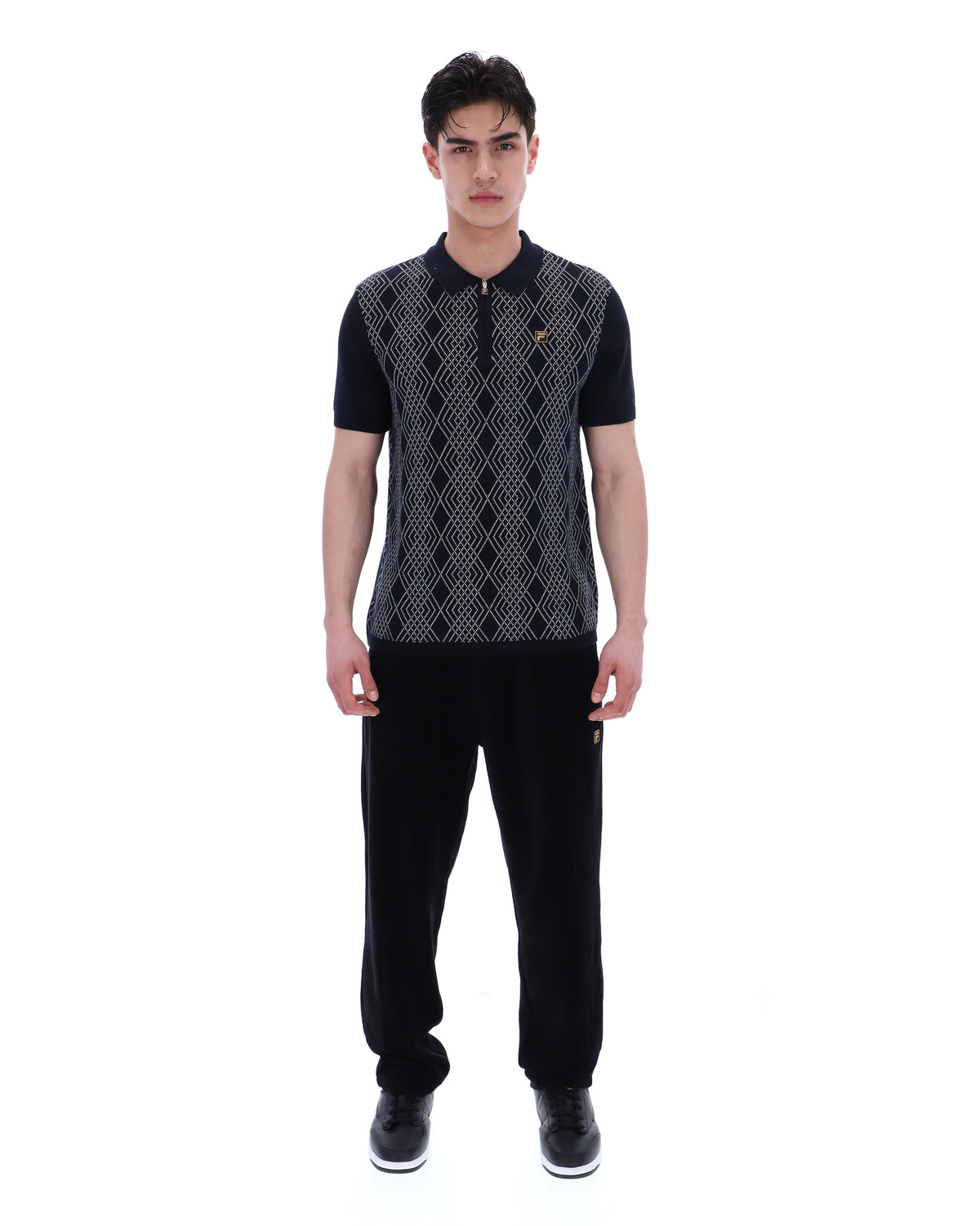 Black Castello Jacquard Knitted Polo with Zip - Black