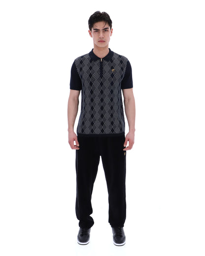 Black Castello Jacquard Knitted Polo with Zip - Black