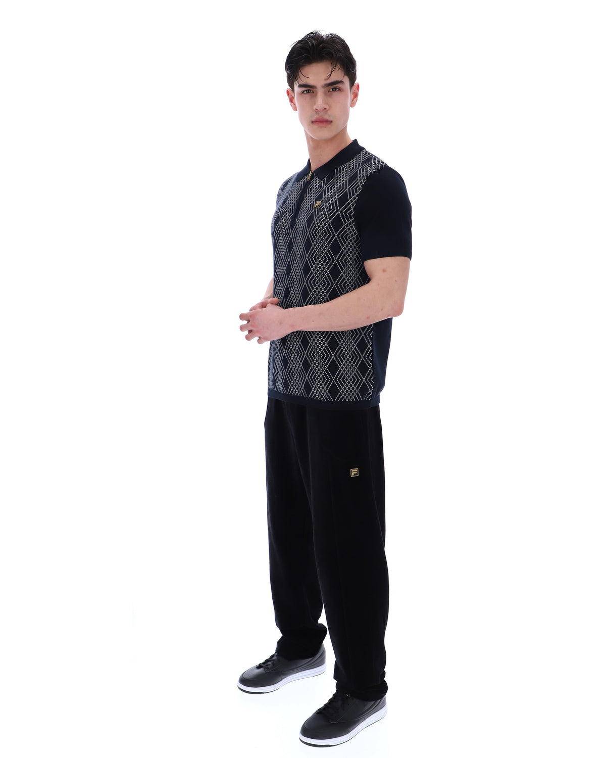 Black Castello Jacquard Knitted Polo with Zip - Black