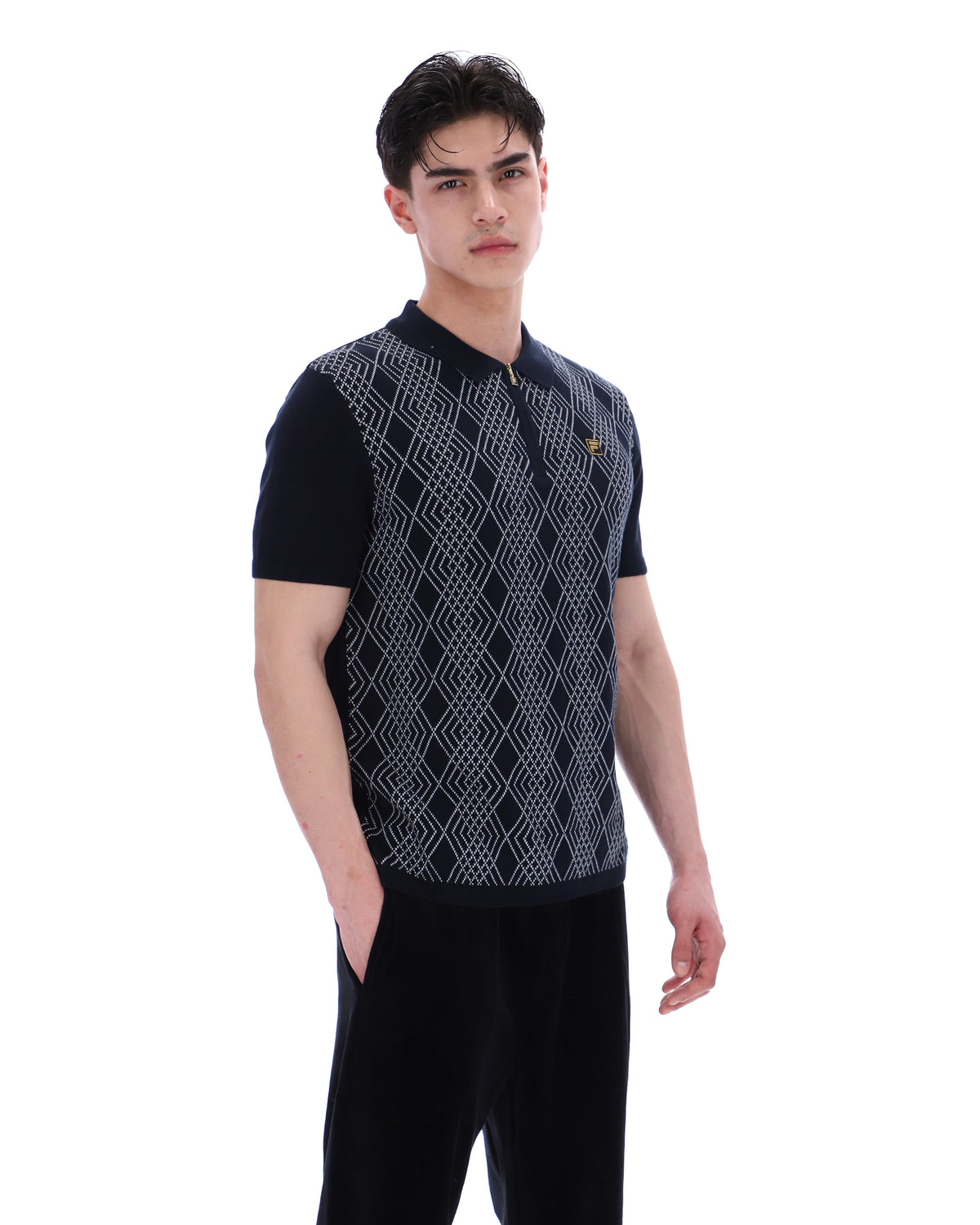 Black Castello Jacquard Knitted Polo with Zip - Black