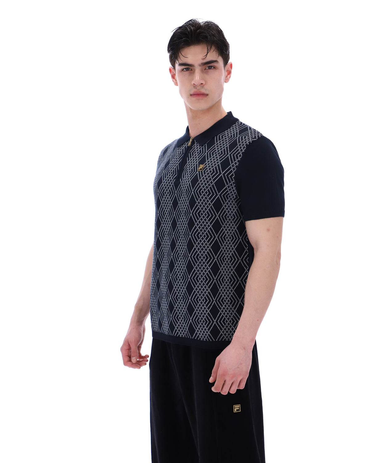 Black Castello Jacquard Knitted Polo with Zip - Black