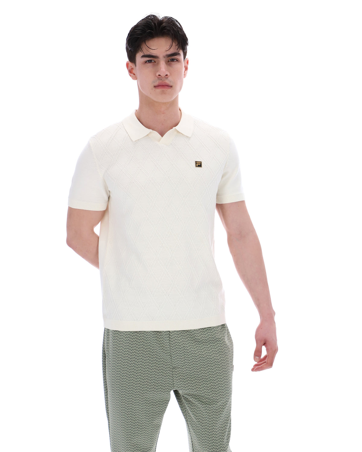 Coconut Milk Denny Diamond Knit Open Collar Polo - White