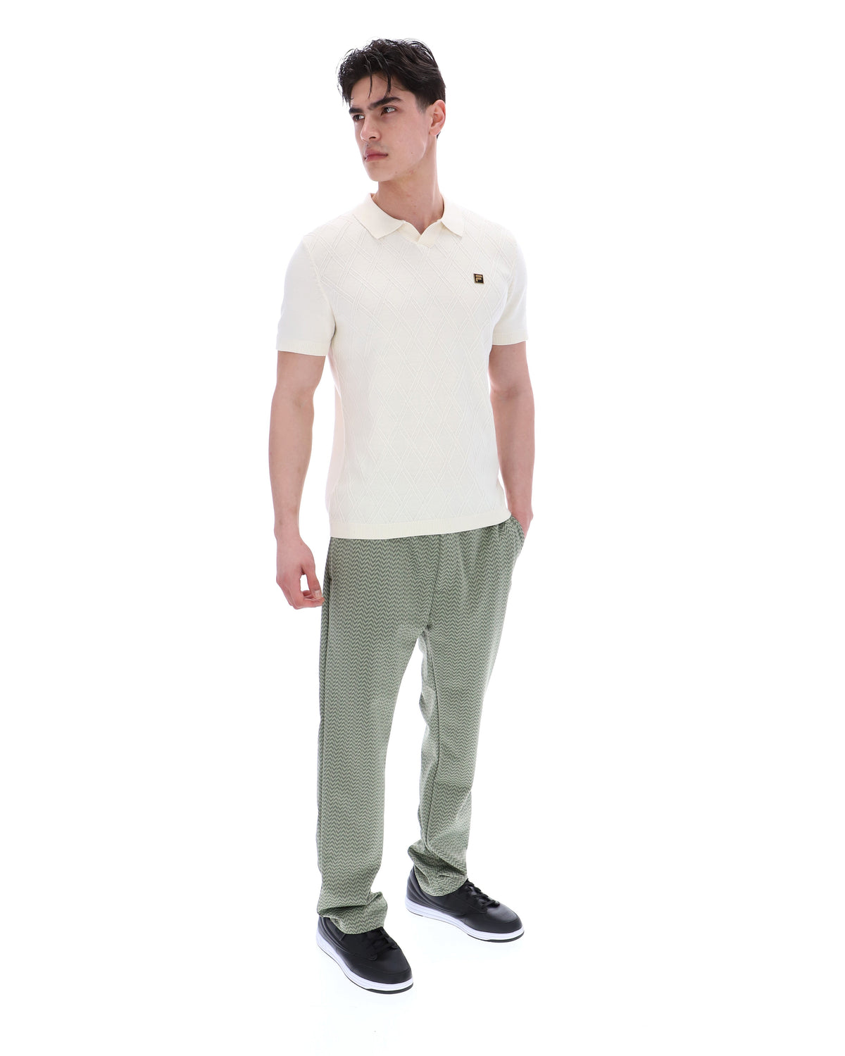 Coconut Milk Denny Diamond Knit Open Collar Polo - White
