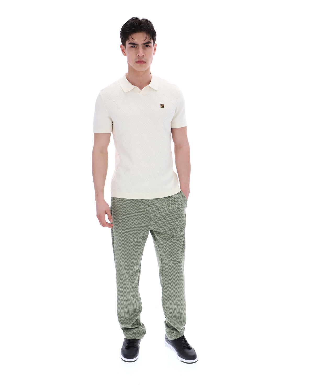 Coconut Milk Denny Diamond Knit Open Collar Polo - White