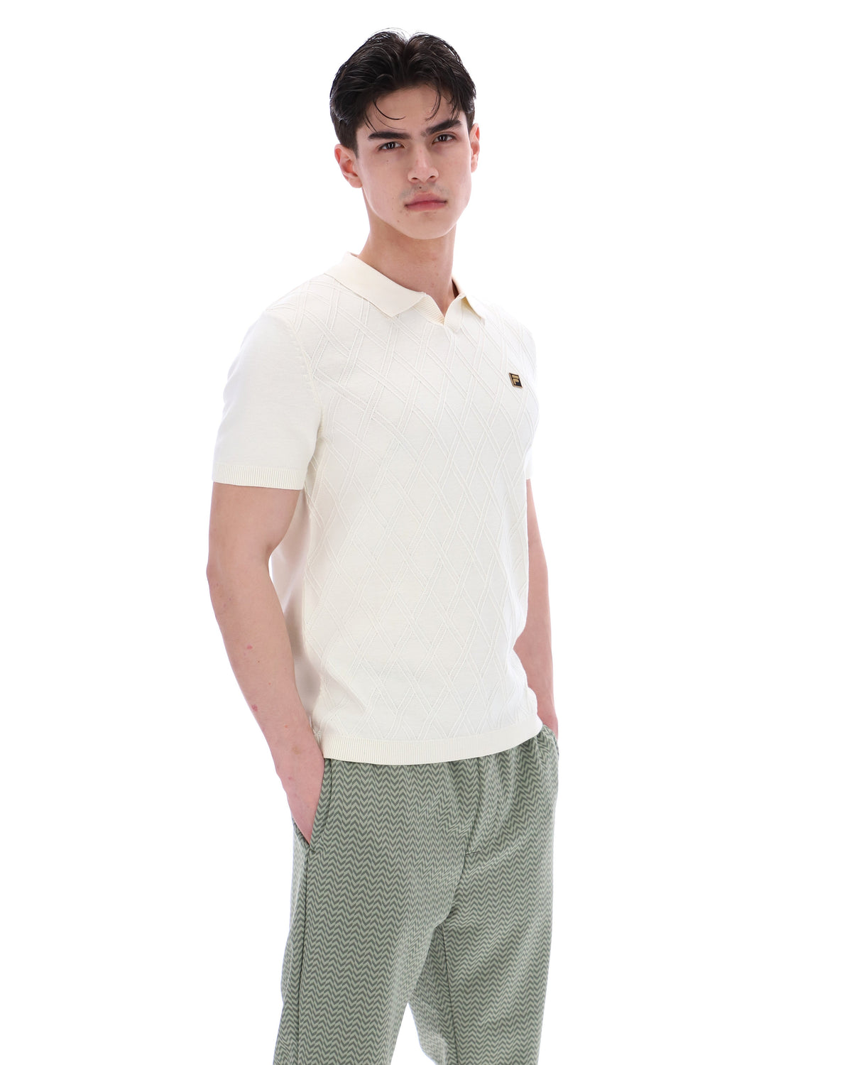 Coconut Milk Denny Diamond Knit Open Collar Polo - White
