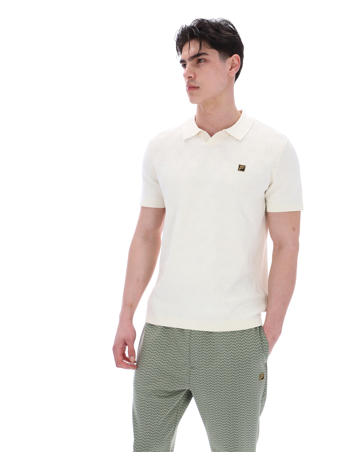 Coconut Milk Denny Diamond Knit Open Collar Polo - White
