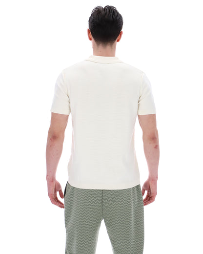 Coconut Milk Denny Diamond Knit Open Collar Polo - White