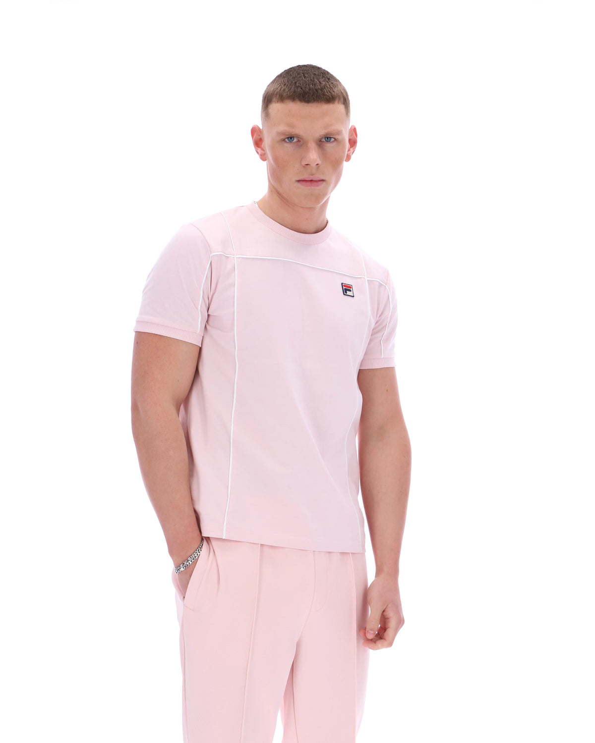 Pale Pink Terri T-Shirt with Contrast Piping - Light Baby Pink