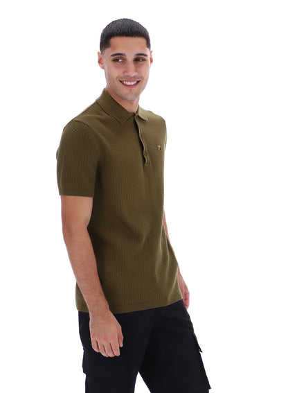 Dark Olive Sander Textured Knit Polo Shirt - Dark Olive