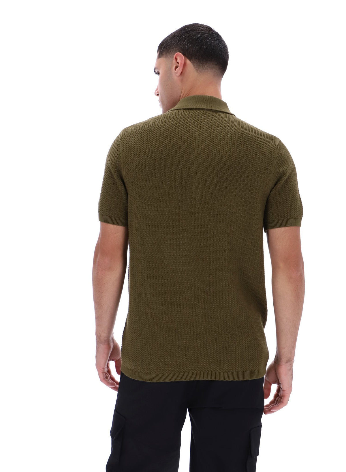 Dark Olive Sander Textured Knit Polo Shirt - Dark Olive