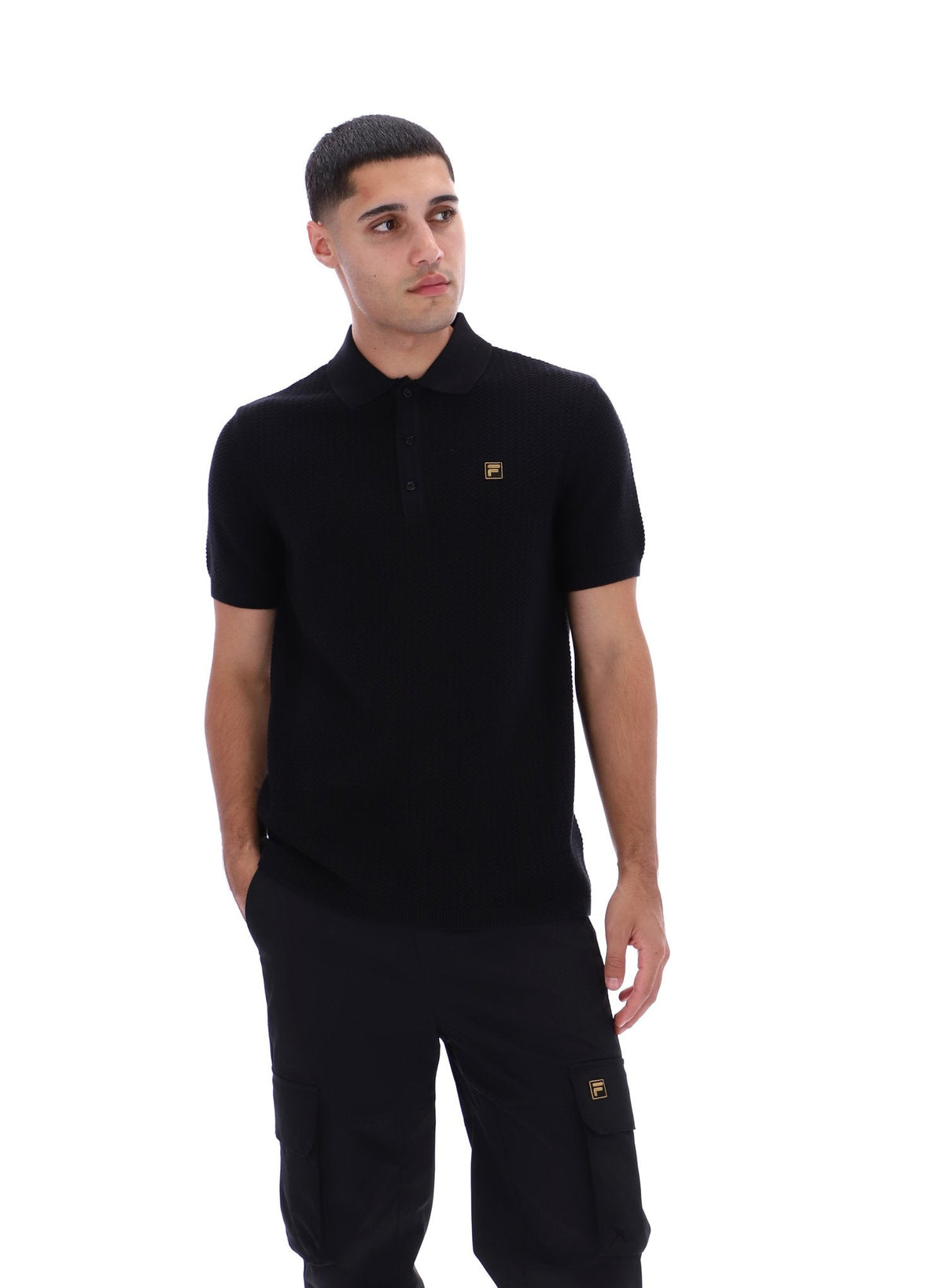 Black Sander Textured Knit Polo Shirt - Black