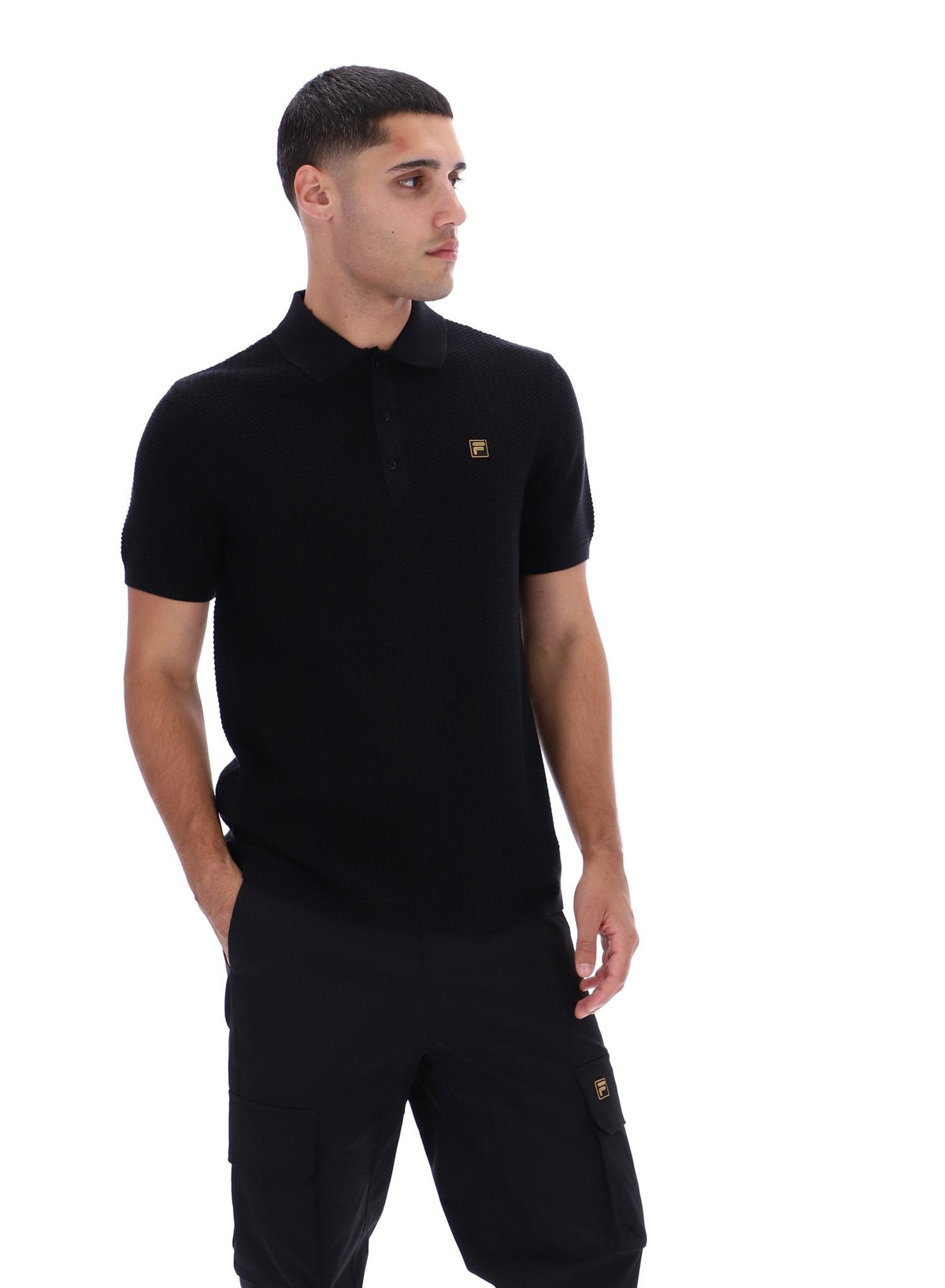Black Sander Textured Knit Polo Shirt - Black