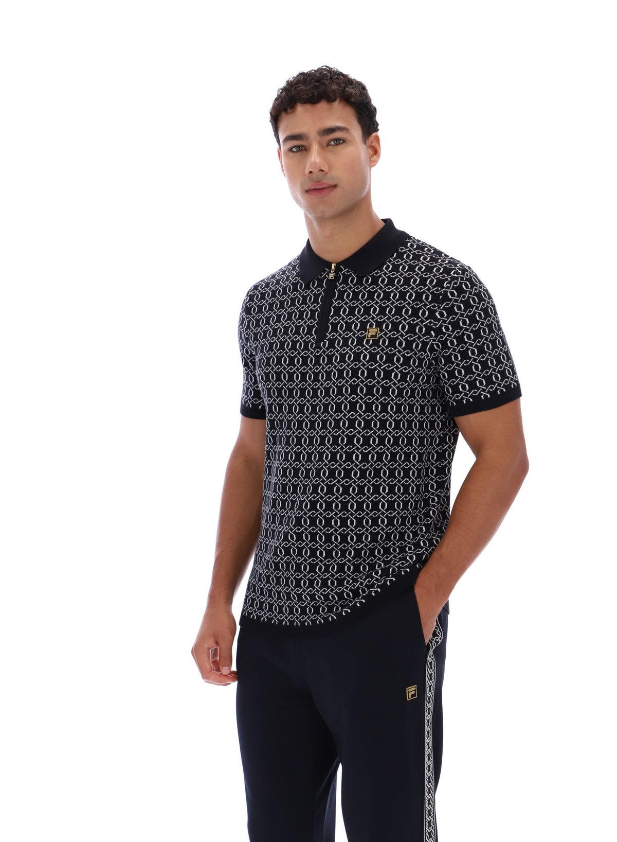 Black Jackson Jacquard Knit Zip Polo Shirt - Black