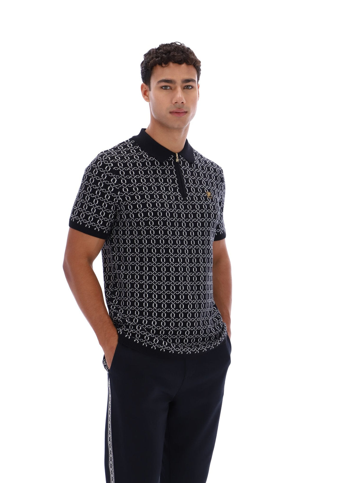 Black Jackson Jacquard Knit Zip Polo Shirt - Black