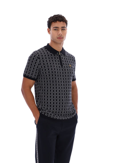 Black Jackson Jacquard Knit Zip Polo Shirt - Black