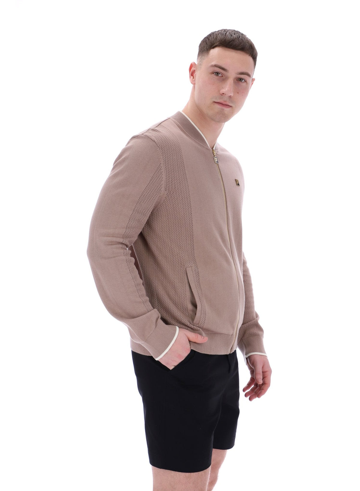 Mocha Meringue Ferguson Open Knit Pointelle Panel Track Top - Mocha Meringue