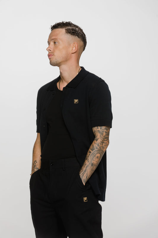 Black Walter Open Knit Pointelle Panel Polo - Black